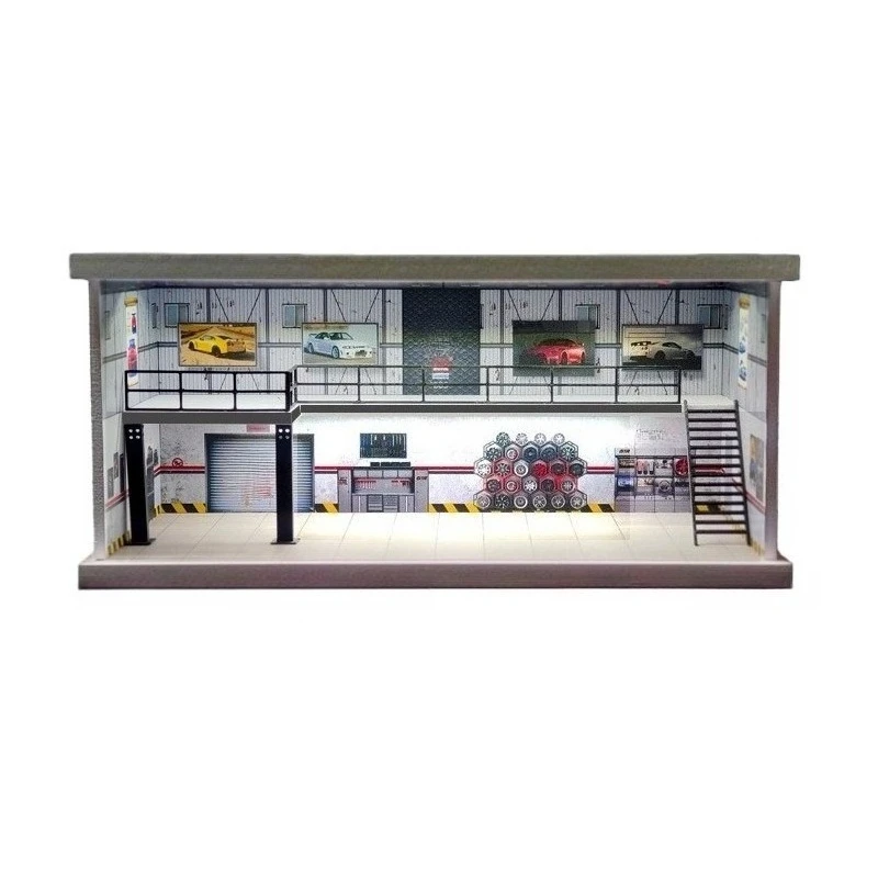 โมเดลโรงจอดรถโชว์รูมรถยนต์ขนาด 1/64 พร้อมไฟ LED ฉากแสดงสถานที่ซ่อมบำรุงและลานจอดรถ