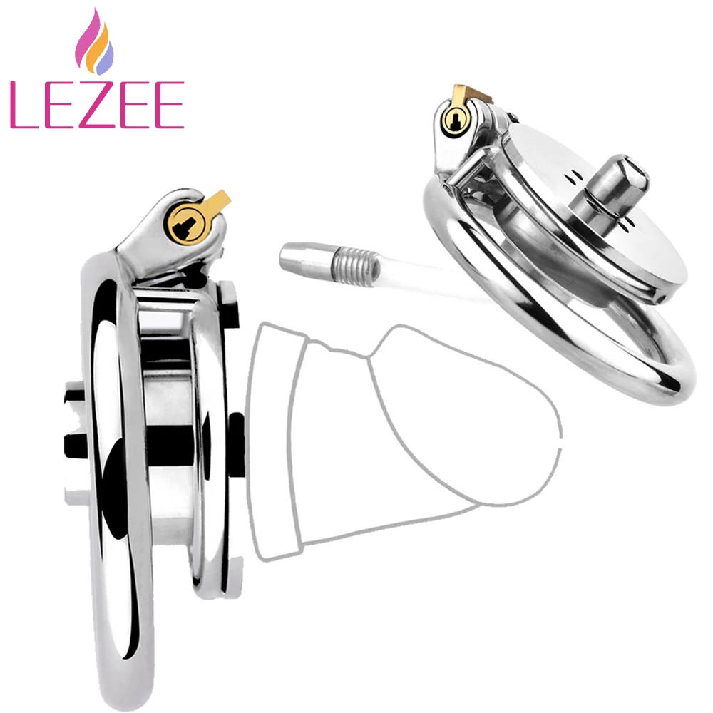 

LEZEE Inverted Negative Male Chastity Cage With Half Silicone Dildo Penis Flat Pad Cock Lock Urethral BDSM Sex Toys For Men