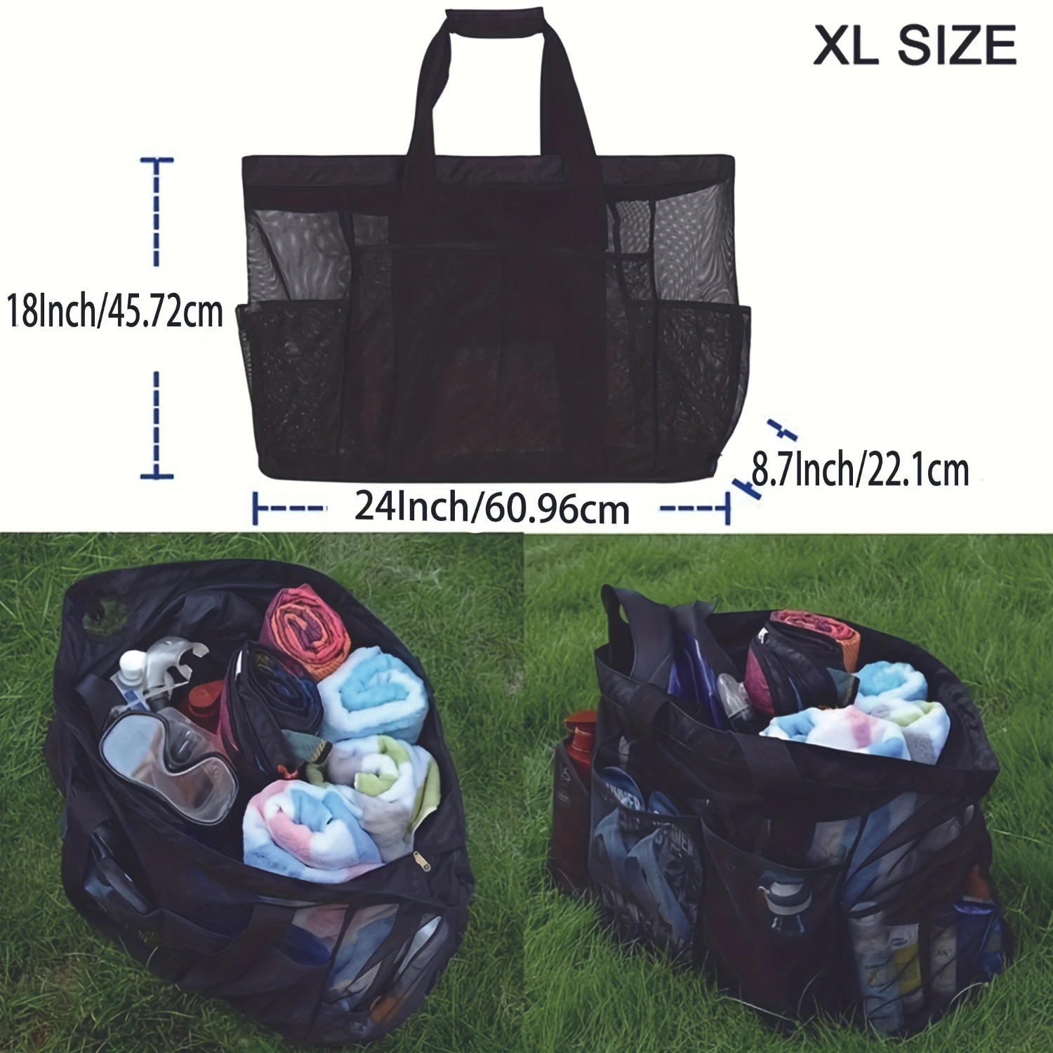 1 Stück extra große Netz-Strandtasche, atmungsaktive Netztasche mit Reißverschluss und Seitentaschen, tragbare Finishing-Organizer-Tasche mit großem Fassungsvermögen