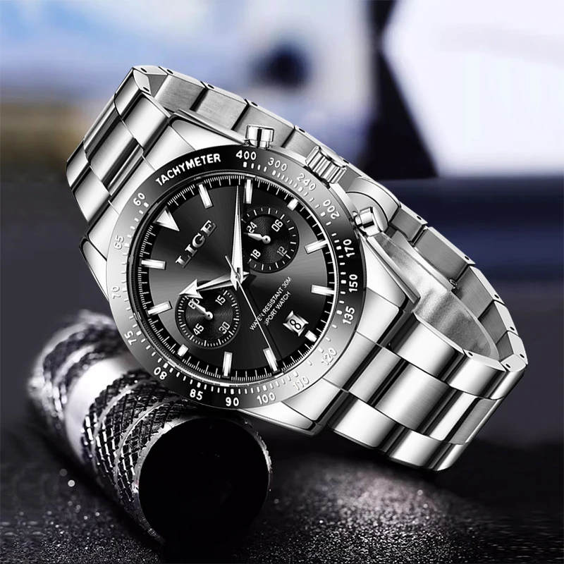 LIGE Men's Watches Top Luxury Original Quartz Wristwatch for Men Chronograph Calendar Waterproof Man Watch Stainless Steel Clock