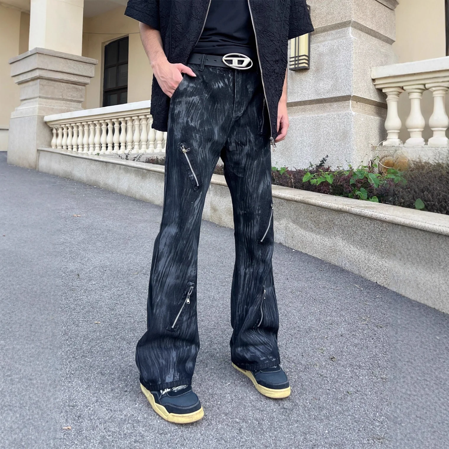 Vintage Waxed Dirty Wash Flare Jeans Men's Hip Hop High Street Zipper Design Casual Denim Pants