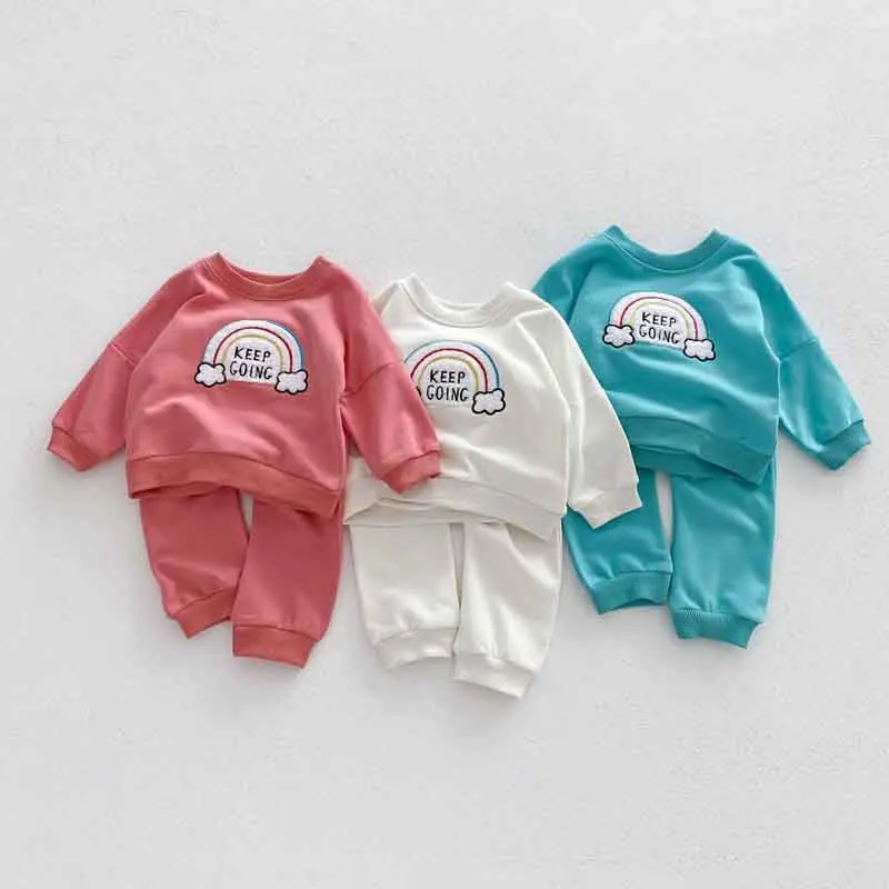 

2024 New Baby Sweatshirt Set 0-3Years Newborn Boy Girl Long Sleeve Rainbow Pullover Tops+Pant 2PCS Tracksuit Spring Fall Clothes