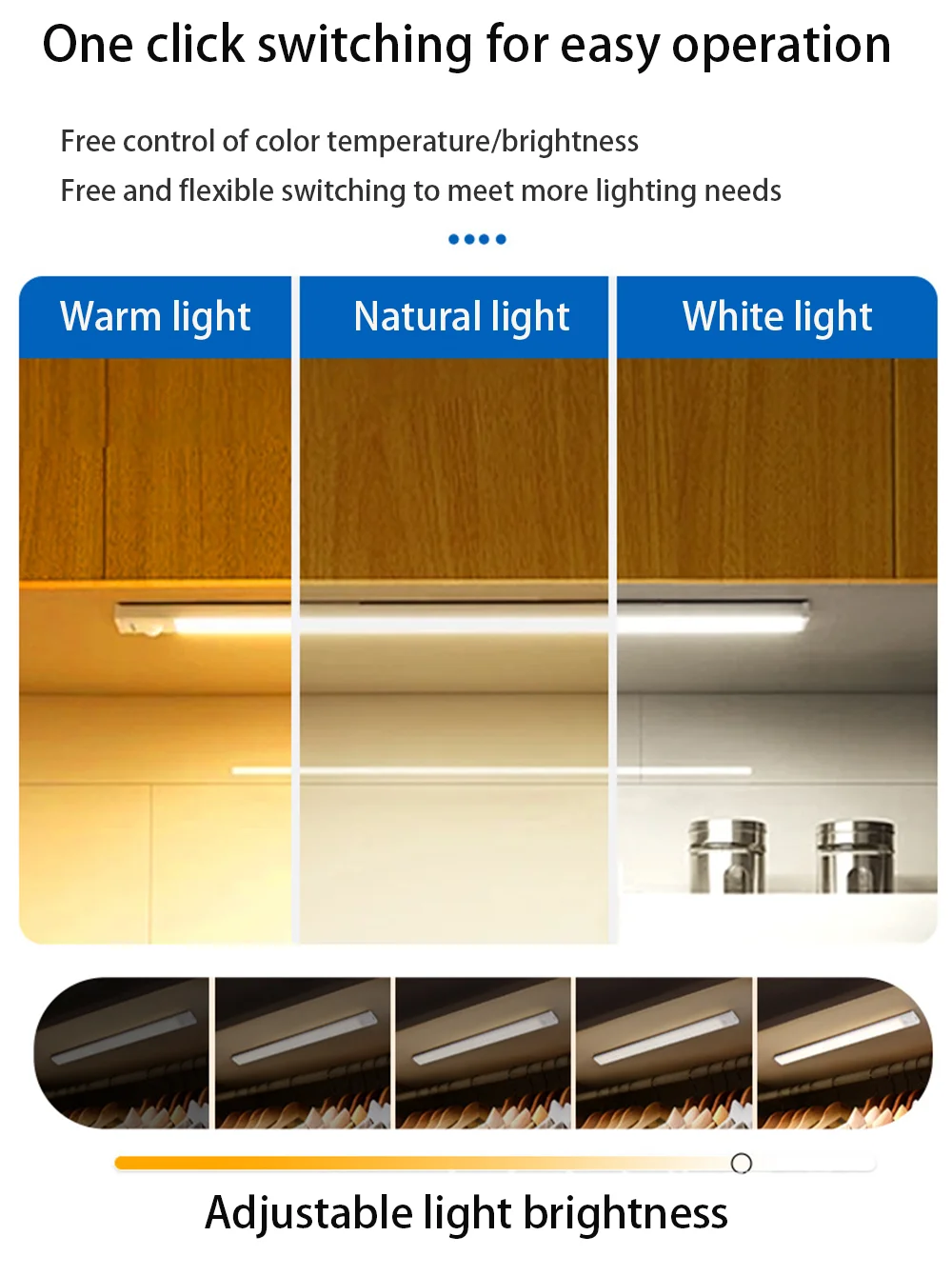 Nachtlicht mit Bewegungsmelder, USB wiederaufladbar, kabellose Lampe unter dem Schrank, LED-Leuchten für Küchenschrank, Schlafzimmer, Kleiderschrankbeleuchtung – Detail 7