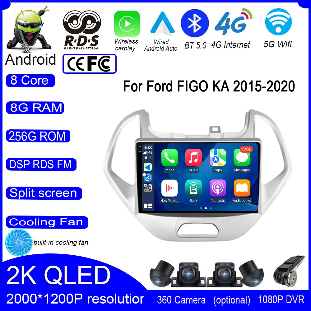 

9" QLED Android 14 For Ford FIGO KA 2015 2016 2017 2018 - 2020 Car 4G WIFI Radio Video Multimedia Carplay Navigation GPS Stereo