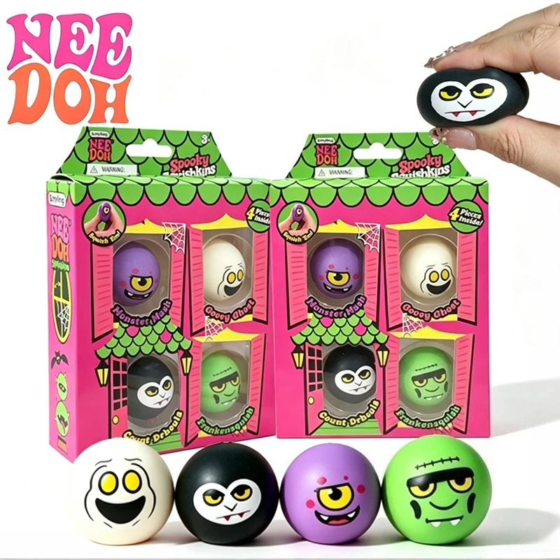 Needoh Spooky Squishkins Halloween Monster Squeeze Toy 4 Pack Safe Quick Rebound Sensory Stress Relief Toy for Autism ADHD Gift