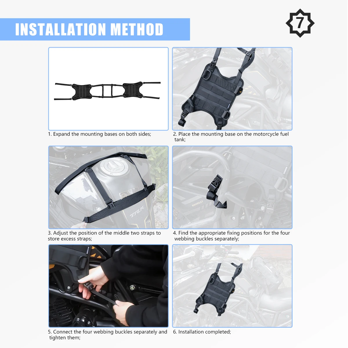 Akcesoria motocyklowe: rama, gmole, narzędzia, torba podróżna, boczne mocowanie na zbiornik paliwa, baza torby bocznej na zbiornik paliwa, baza mocowania przedniej torby motocyklowej.