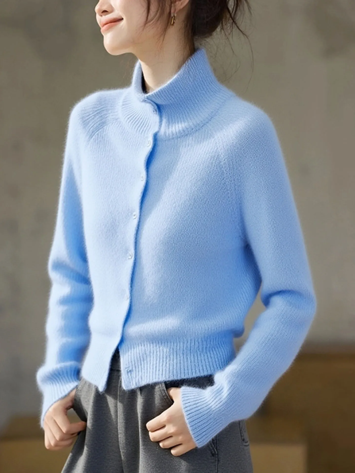 Zimowy damski sweter Camere, miękki, wygodny, długi rękaw, zapinany na jeden guzik, jednolity kolor, dzianinowy, modny, do pracy.