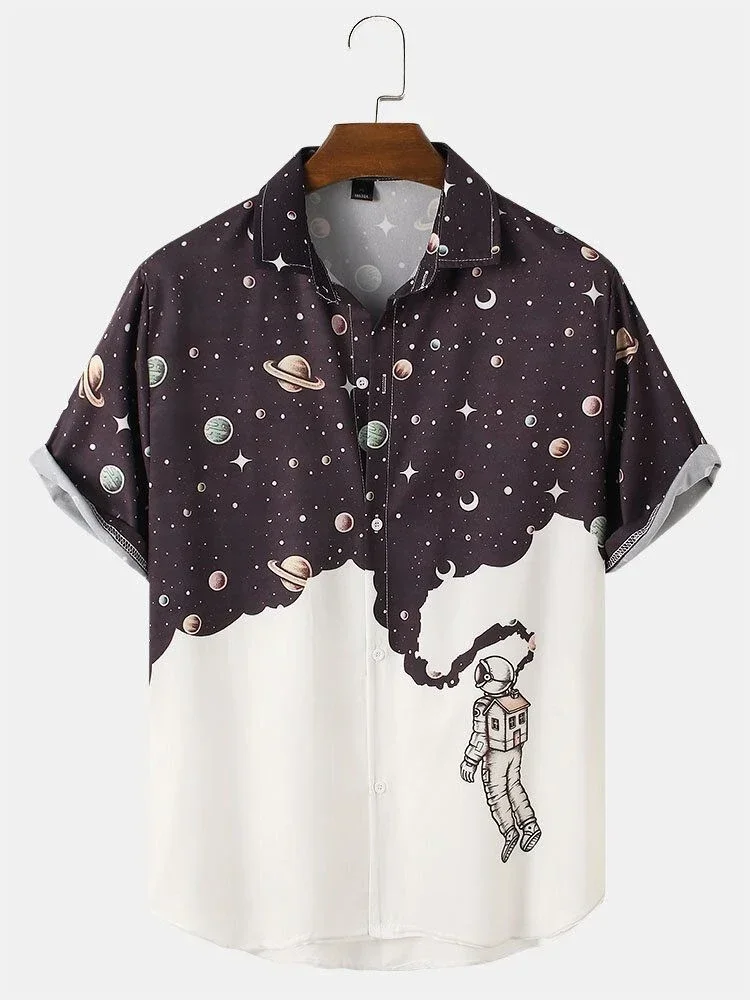 Men's shirts dreamy starry sky print fashion press men's lapel tops Hawaiian style men's short-sleeved shirts 2024 new style