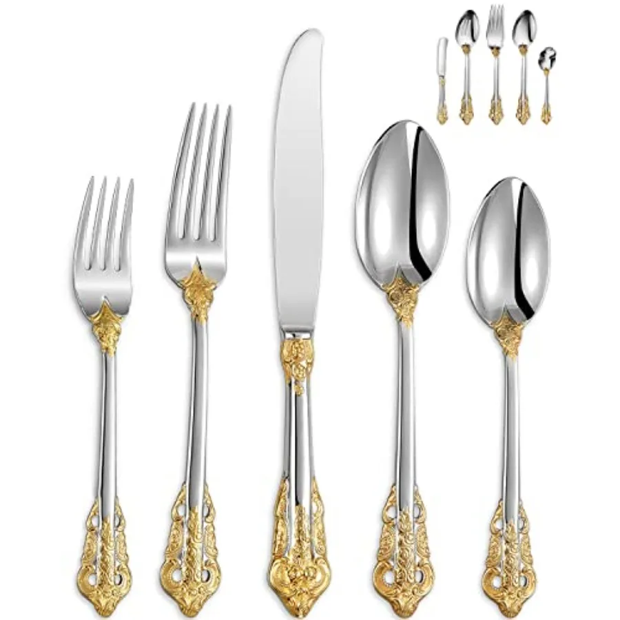 

Luxury 65 Pieces 18/10 Stainless Steel Flatware set, Service for 12, silver plated with gold accents, Fine Silverware set and D