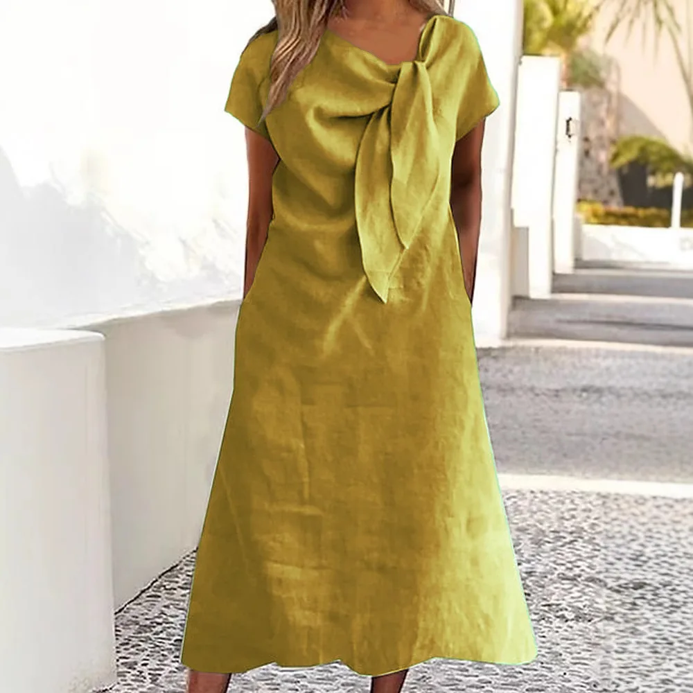 

2025 New Women's Clothing Casual Round Neck Short Sleeve Pocket Cotton and Linen Solid Color Women's Dress Long Dress
