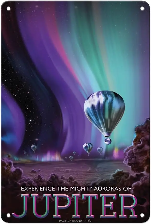 Pacifica Island Art Experience the Mighty Auroras of Jupiter - Exoplanet Travel Poster -  Vintage Metal Tin Sign