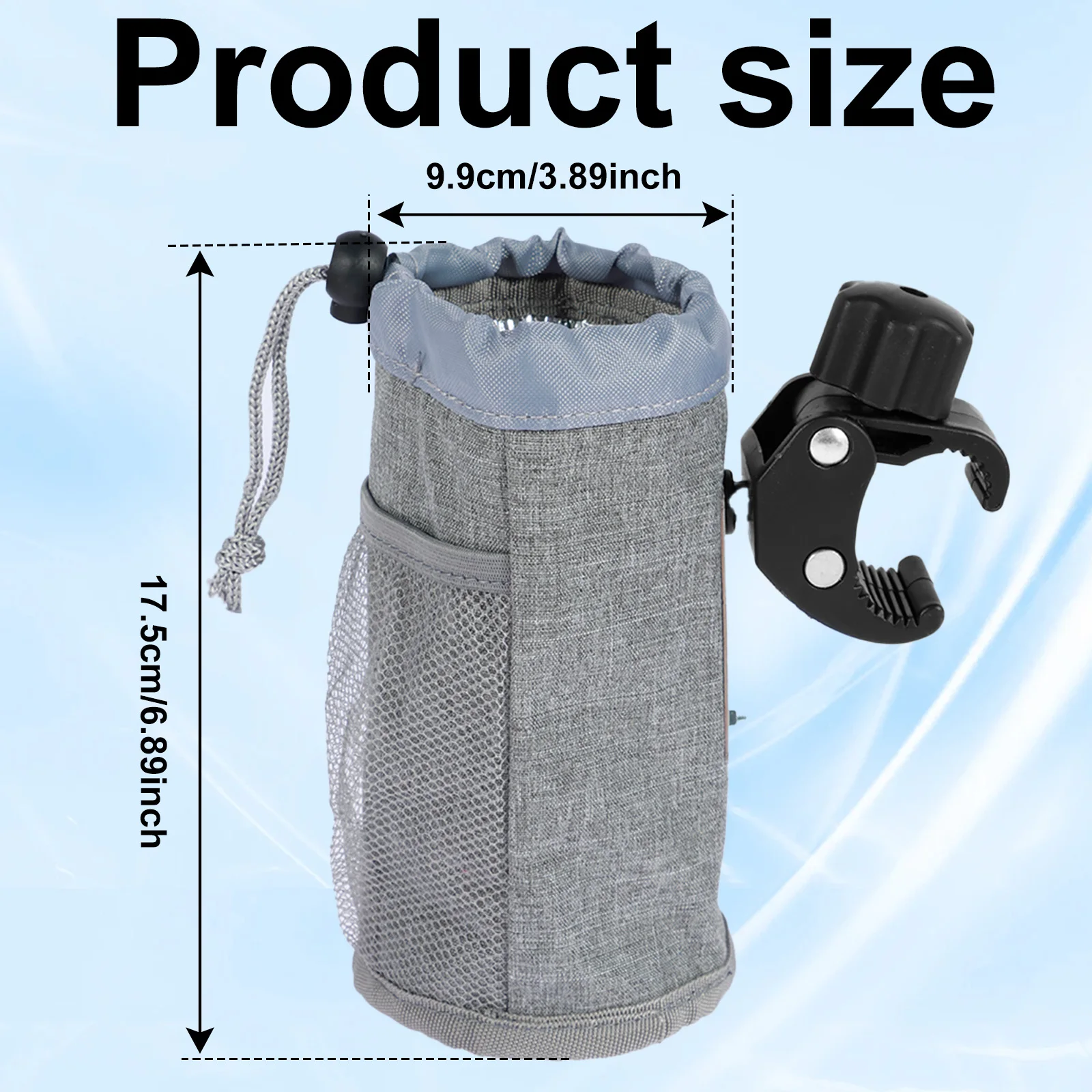 2pc Bike Cup Holder with Mesh Pockets, Drawstring Waterproof Handlebar Drink Bottle Holder Adjustable Clamp Insulated Cup Holder