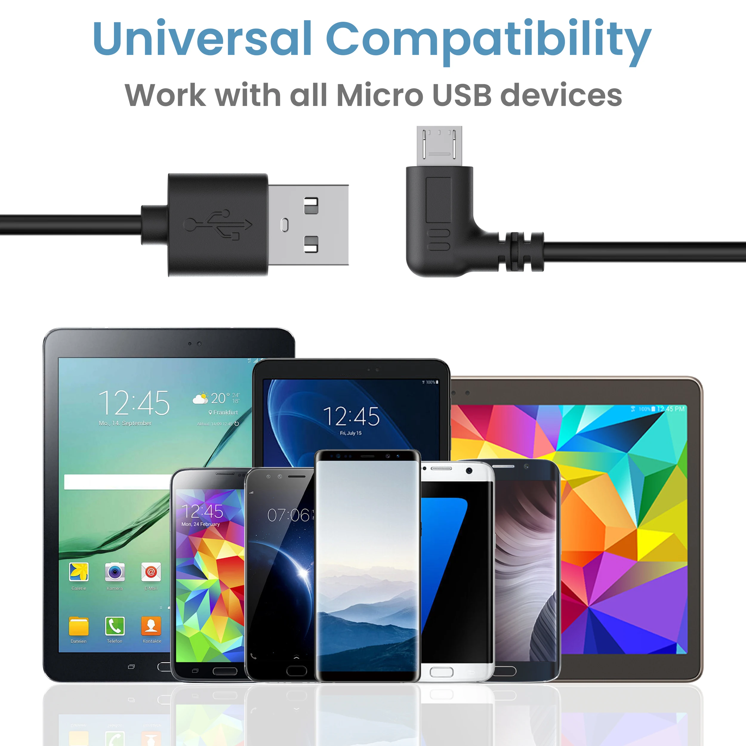 1M USB 2.0 to Micro USB Charging Cable USB Straight Plug to 90 Degree Angle Micro USB Plug SB Data Cable Adapter Connector