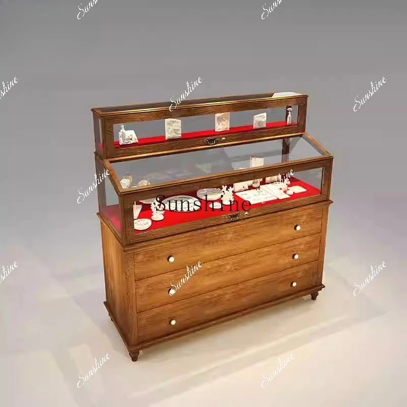 Collectibles Display Cabinet Jewelry Jade Glass Display Cabinet All Solid Wood Double Layer Customization  FT