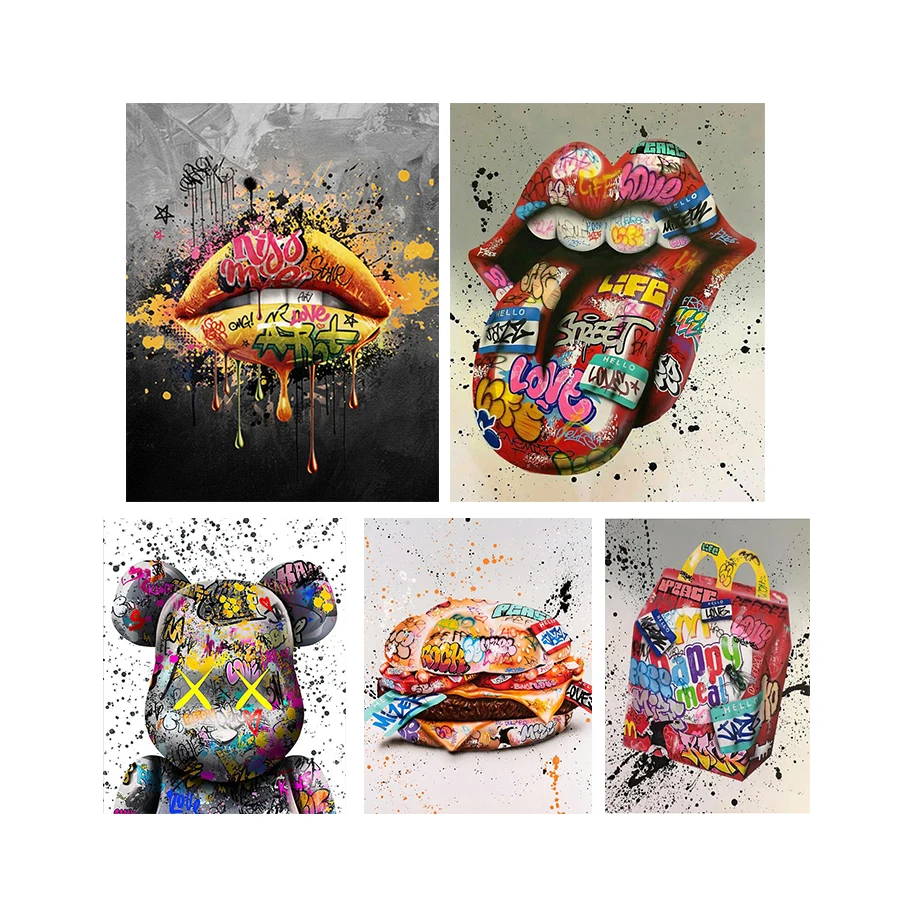 

Красочная Алмазная Картина граффити, полноразмерная квадратная круглая вышивка, мультяшный череп, губы, вышивка крестиком, мозаика ручной работы, домашний декор, подарок для ребенка