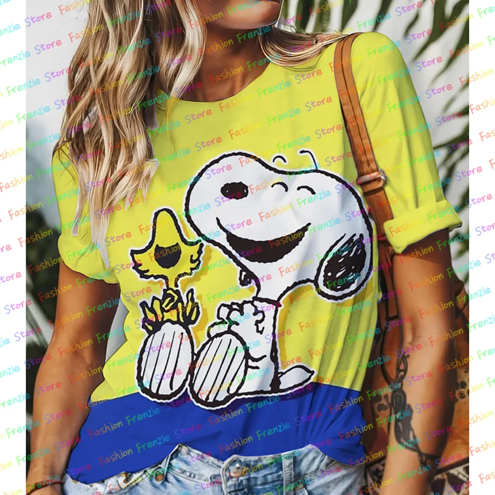 Miniso moda feminina camiseta snoopy impressão de manga curta feminina harajuku camisetas topo oversized o-pescoço topos engraçado roupas femininas