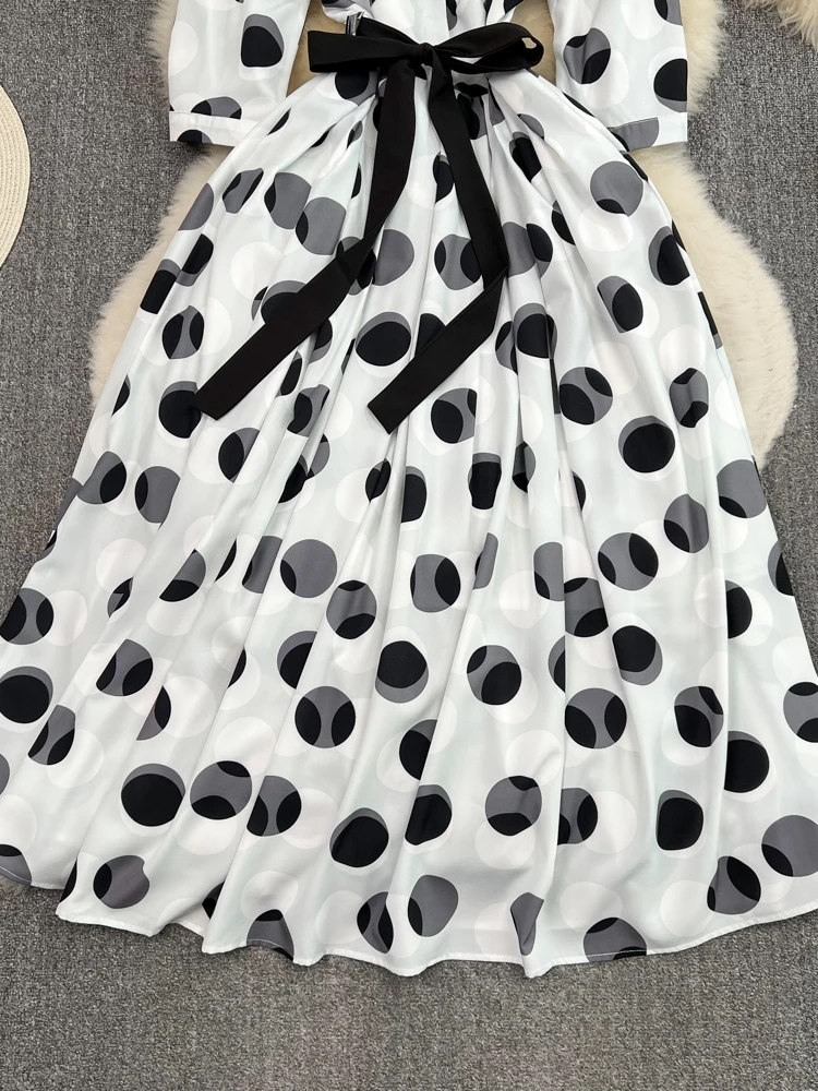 夏のファッション デイジー柄 ロングドレス カラー オルト スベ スリムフィット 水玉模様 Aライン ドレス ハイウエスト コントラクション