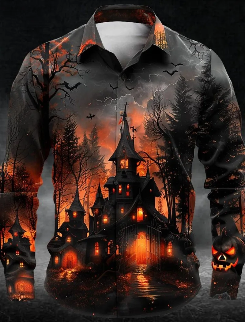 

3d Printing Men's Pumpkin Graphic Button Down Shirt Halloween Theme Long Sleeves Tee Shirt Mens Casual Oversized Blouse Tops