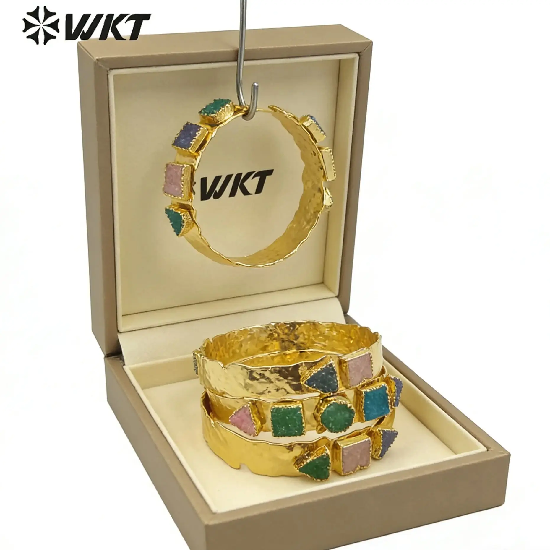 

WT-B515 WKT Natural Stone Bangle Geometry Druzy Quartz Bangle Gold Electroplated Adjustable Women Fashion Bracelet Jewelry