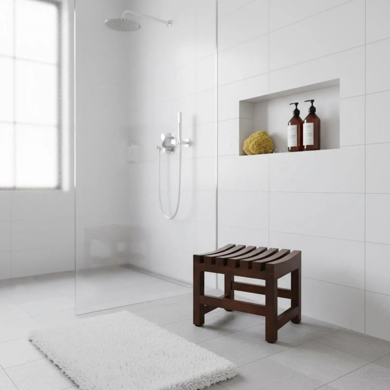 Solid Wood Bathroom Bench with Slatted Seat for Shower Waterproof Pine Stool for Elderly Disabled Bath Chair
