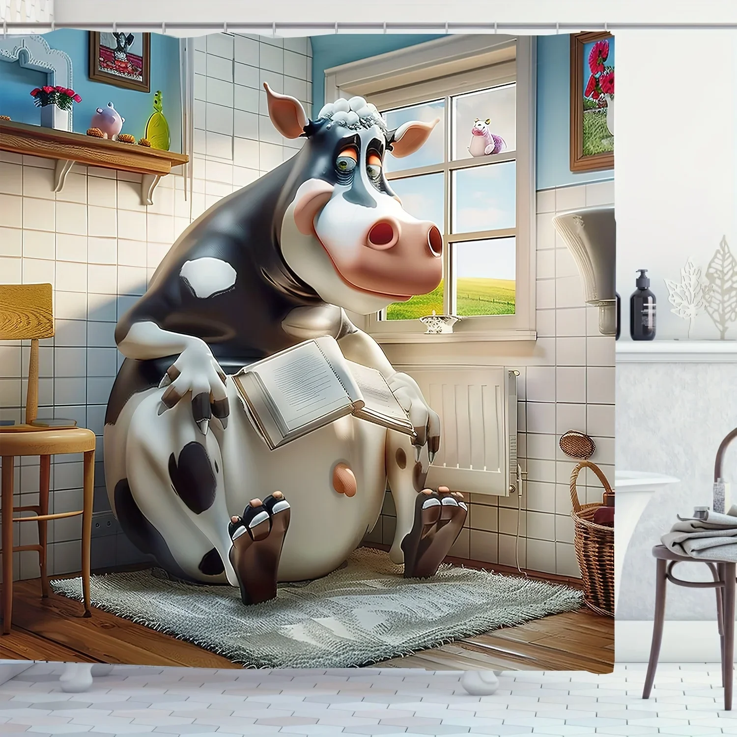 Whimsical Cow on Toilet Shower Curtain - Waterproof, Easy-Clean Fabric with Hooks Included, Perfect for All Seasons
