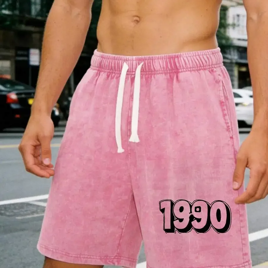 Vintage Washed Number Print Drawstring Shorts Elastic Waist Loose Fit Streetwear