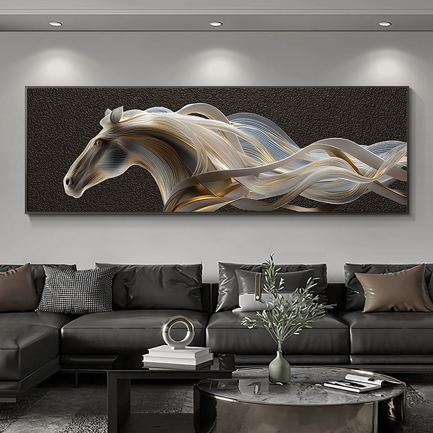 Bedroom Living Room Wall Decor Canvas Painting Poster, Long Horizontal Abstract Ribbon Horse 3D Visual Effect Animal Wall Art
