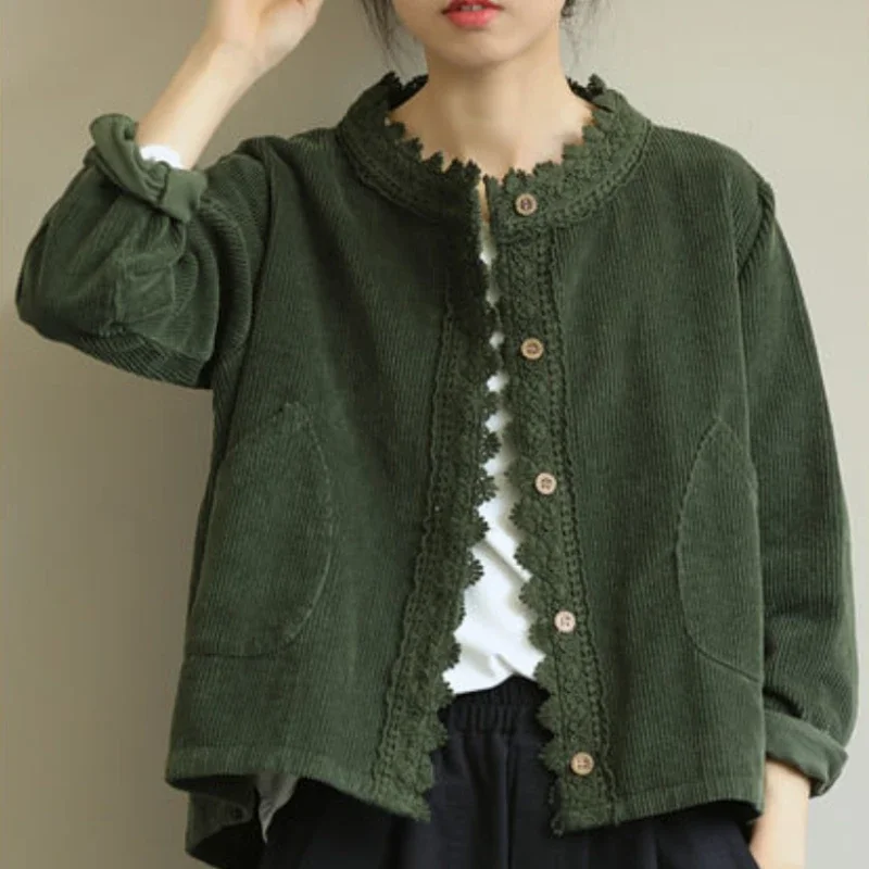 

Casual Jackets Women Corduroy Simple Gentle Stylish Lace Deigned Ulzzang Chic All-match Trendy Solid Spring Literary Vintage