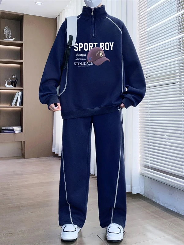 

Повседневный спортивный костюм с худи на молнии и брюками для мужчин, с длинным рукавом, воротником-стойкой, модный комплект из двух предметов, осенний наряд, смесь хлопка и полиэстера