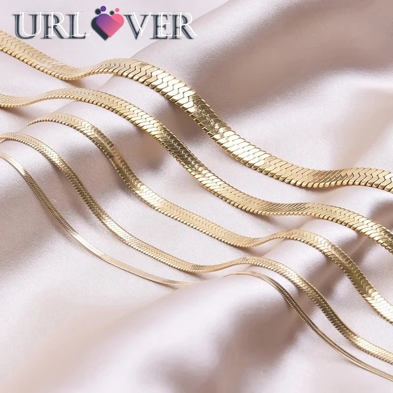 URLOVER 18K Gold 4mm Blade Chain Necklaces For Women Men 925 Sterling Silver Flat Snake Clavicle Chain Necklace Jewelry Gifts