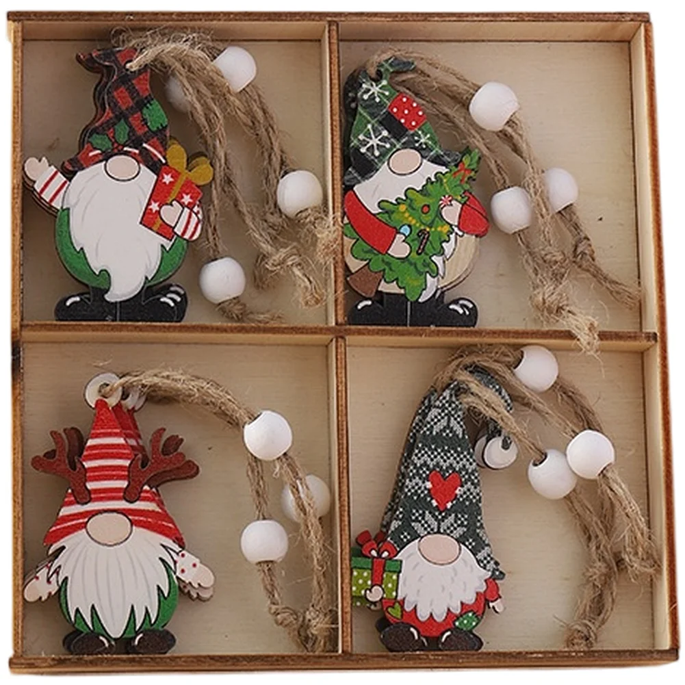 12 Piece Wooden Faceless Old Man Christmas Ornament Set with Engraved Cut Tree Pendants for Traditional Holiday Display