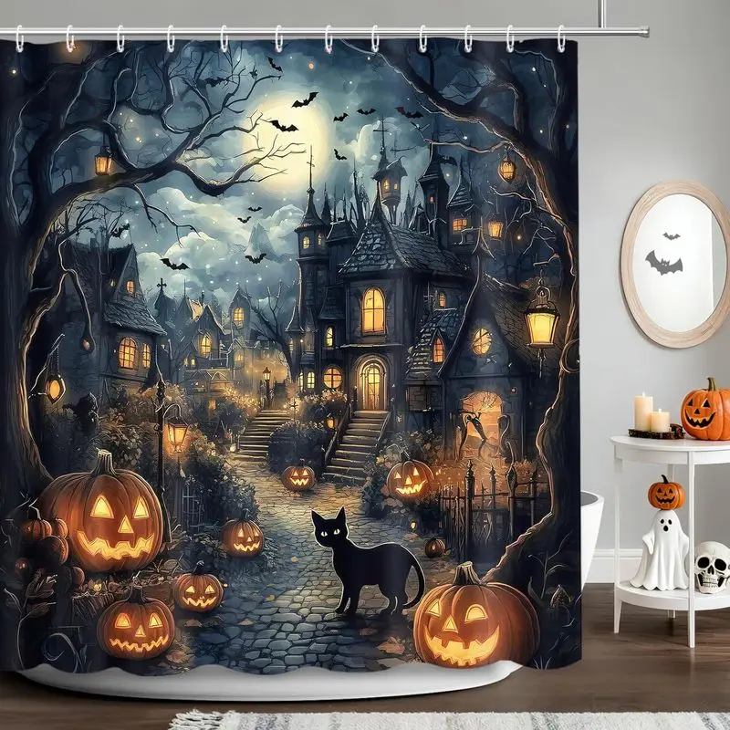 VIKAMA Gothic Halloween Shower Curtain Black Cat Pumpkin Castle Waterproof Fabric Curtain Window Room Divider Decor
