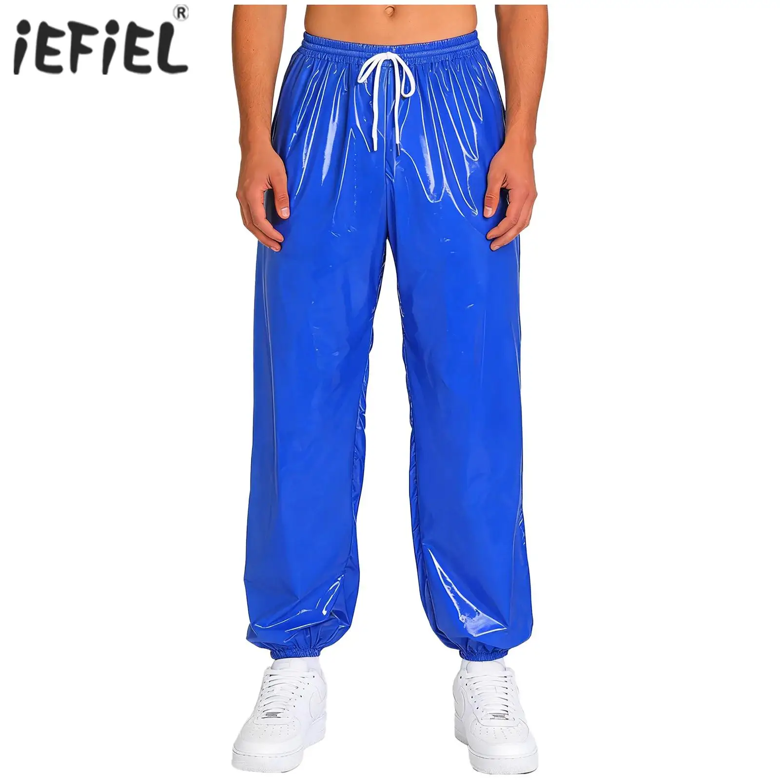 

Mens Shiny Hip Hop Trousers Waterproof Jogging Pants Y2K Drawstring Elastic Waistband Side Pockets Track Baggy Glossy Pants