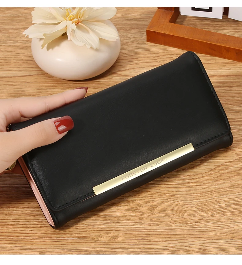 Damen Lange PU-Geldbörse 2-fach Faltbar Einfarbige Clutch mit Mehreren Kartenfächern Große Kapazität Reißverschluss-Geldbörse Koreanischer Stil Damen-Handgeldbörse – Detail 16