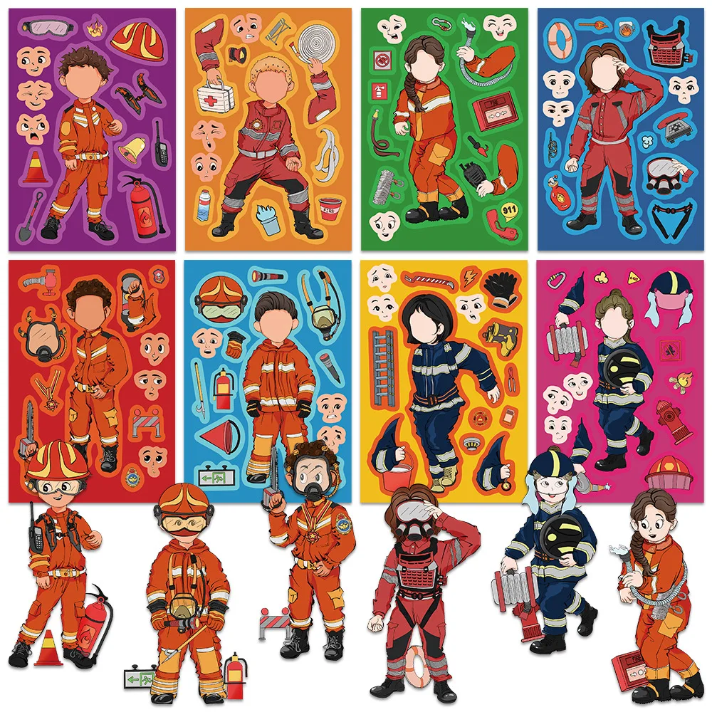8/16Sheets Cartoon Firefighter Make a Face Puzzle Stickers Kids Toy Jigsaw Assemble Funny Decals DIY Game Party Gifts Decoration