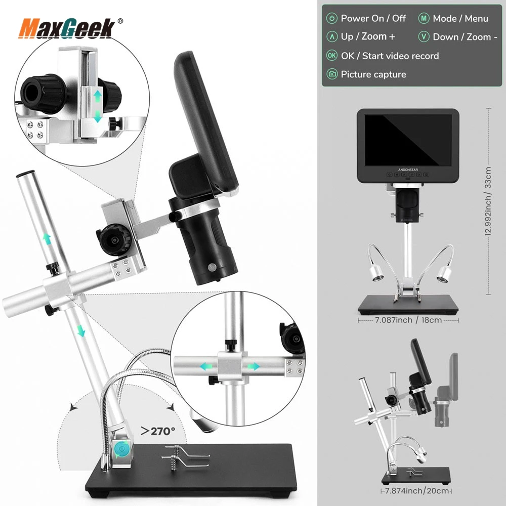 Maxgeek Andonstar AD246SM 7-inch UHD Screen Digital Microscope with High Definition Imaging Sensor for Soldering & Repairing