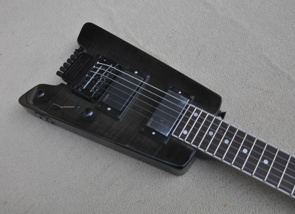 Black Headless Electric Guitar with Flame Maple Veneer,24 Frets,Customized Logo/Color Available