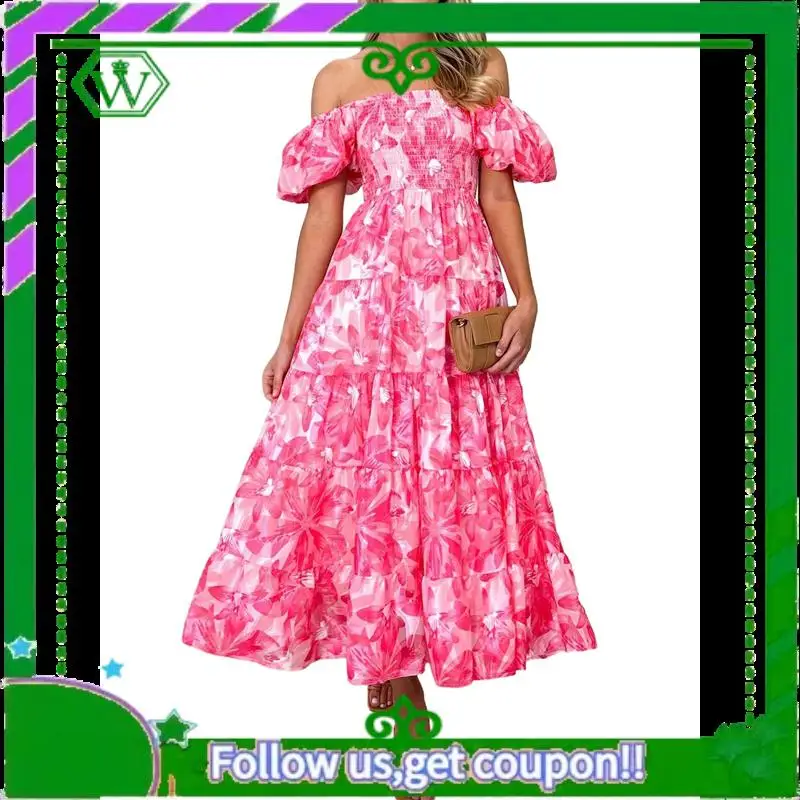 A18P-Women's Summer Casual Midi Dress Puffy Short Sleeve Square Neck Smocked Tiered Ruffle Dresses