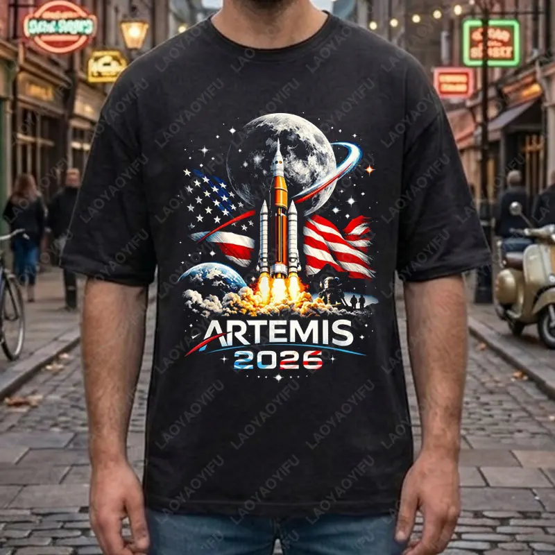Artemis 2026 Graphic T-shirt with American Rocket Launch To The Moon Design 100% Cotton Short Sleeeve Casual Fashion Tshirt