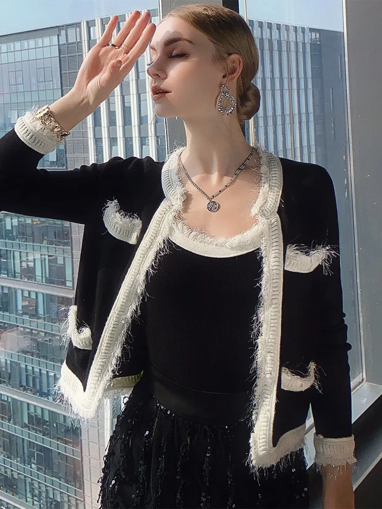 Dabuwawa Spring Autumn Women Trend Vintage Tassel Halter Vest Knitted Long Sleeve Cardigan Sweater DM1AZK018