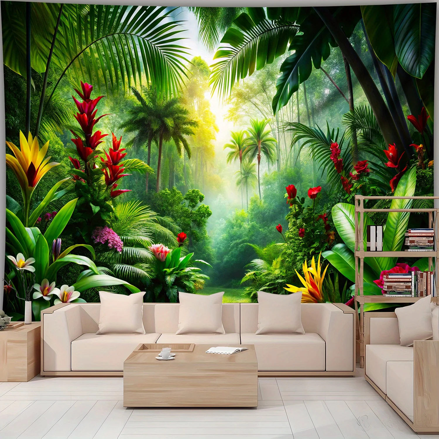 Ultra Realistic Tropical Jungle Mural Tapestry Wall Decor Wallpaper Wallpaper Print Green Rainforest Paradise Background Art Liv