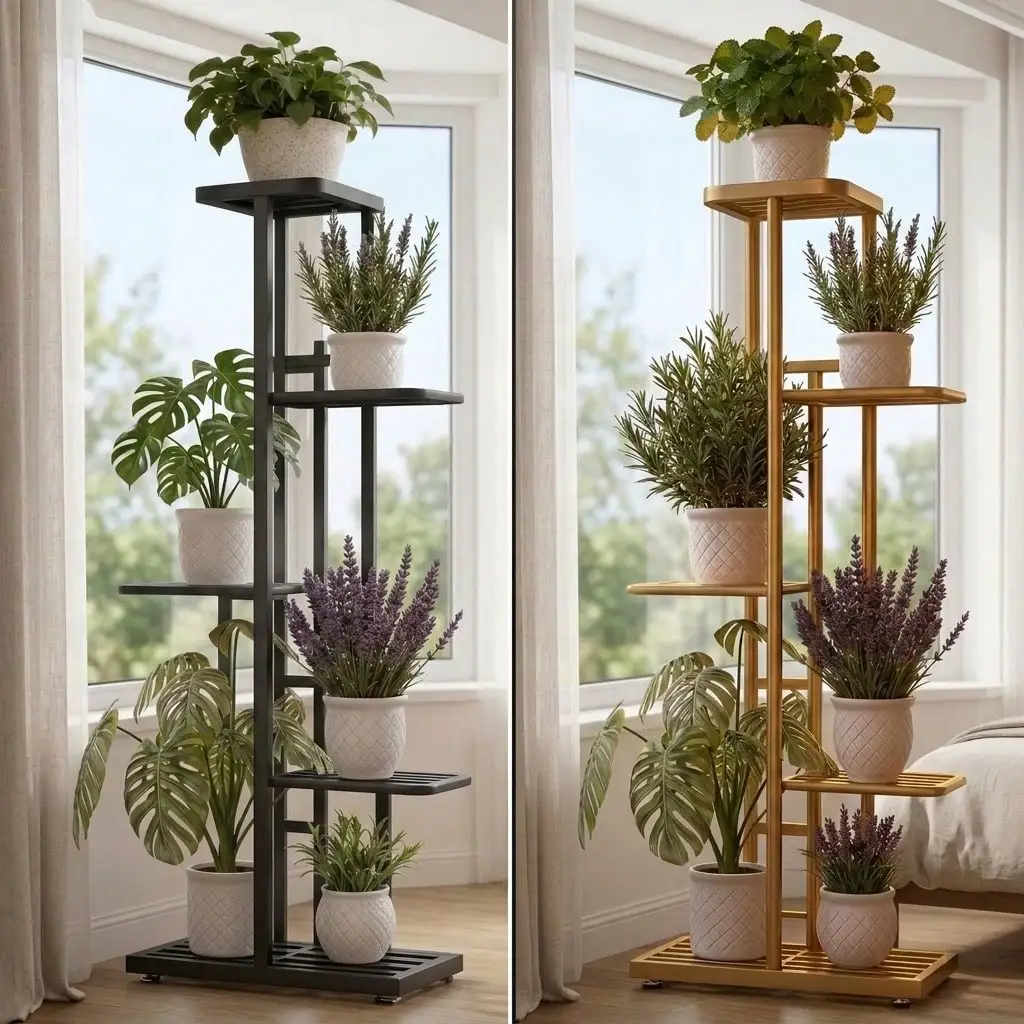 5-Tier Metal Plant Stand In Black & Gold, Freestanding Vertical Flower Pot Display Shelf For Indoor & Outdoor, Living Room, Balcony, Patio & Garden