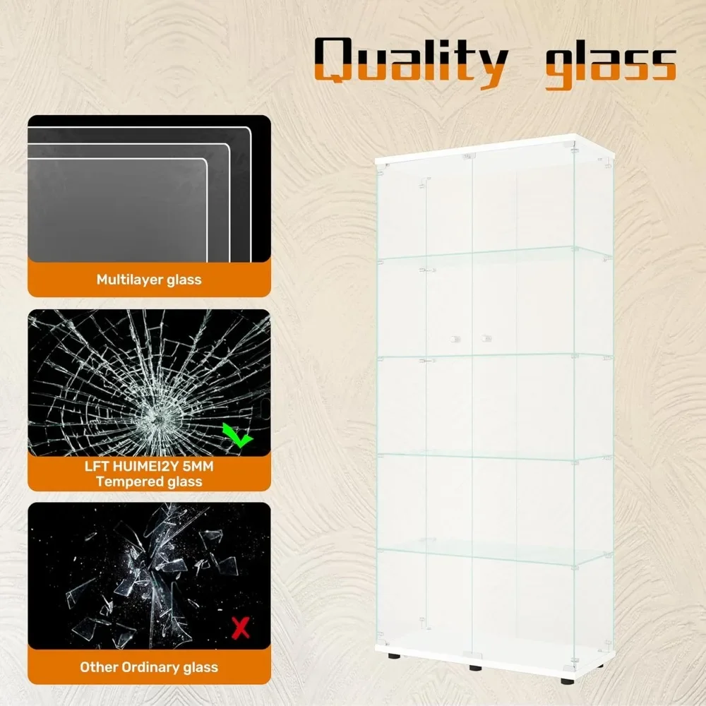 Glass Display Cabinet 5-Shelf , Curio Cabinets Upgraded Quick-Install Style Tempered Glass Floor Standing Bookshelf White