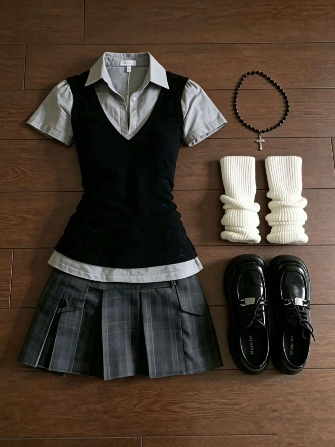 Preppy 2 Piece Set Women Slim Fit Fake Two Piece Short Sleeve Shirt High Waist Plaid Pleated Skirt Summer Casual School Outfit