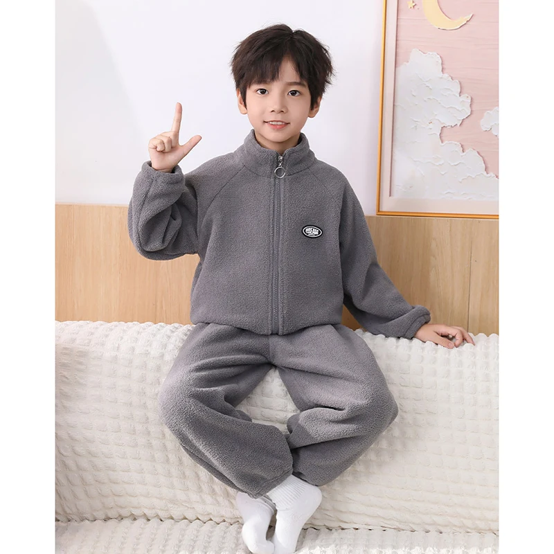 Autumn Winter Lamb Fleece Set Boys Girls Solid Color Plush Thick Warm Lapel Zipper Coat+Pants 2Pcs For 3-10Y Kids Casual Outfit
