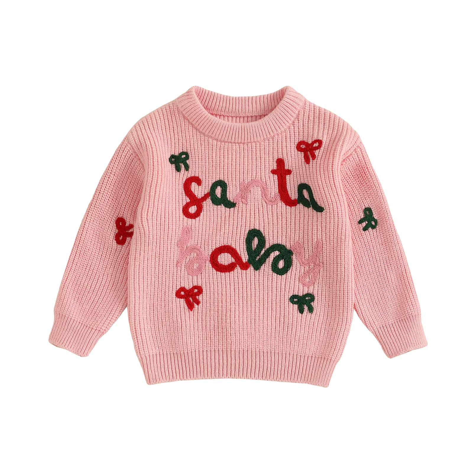 

Baby Girl Christmas Sweaters Long Sleeve Round Neck Letter Bow Embroidery Tops Toddler Sweatshirts