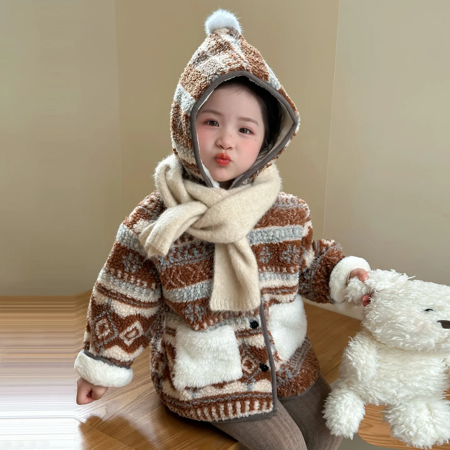 

Girls' Cartoon Mid-Length Furry Coat 2025 New Winter Style Fashionable Hooded Jacket Children's Clothing