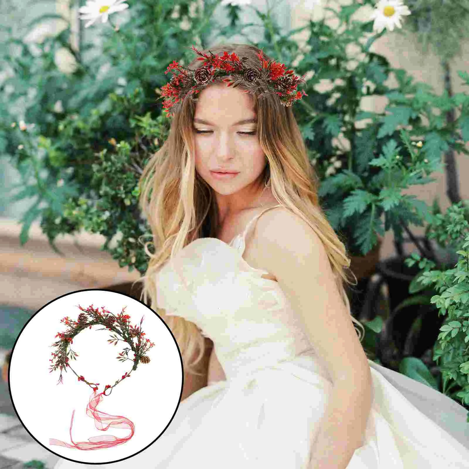 

Christmas Garland Wreaths Red Berries Ribbon Headpiece Headgear Plastic Hair Accessories Miss Flower Girl