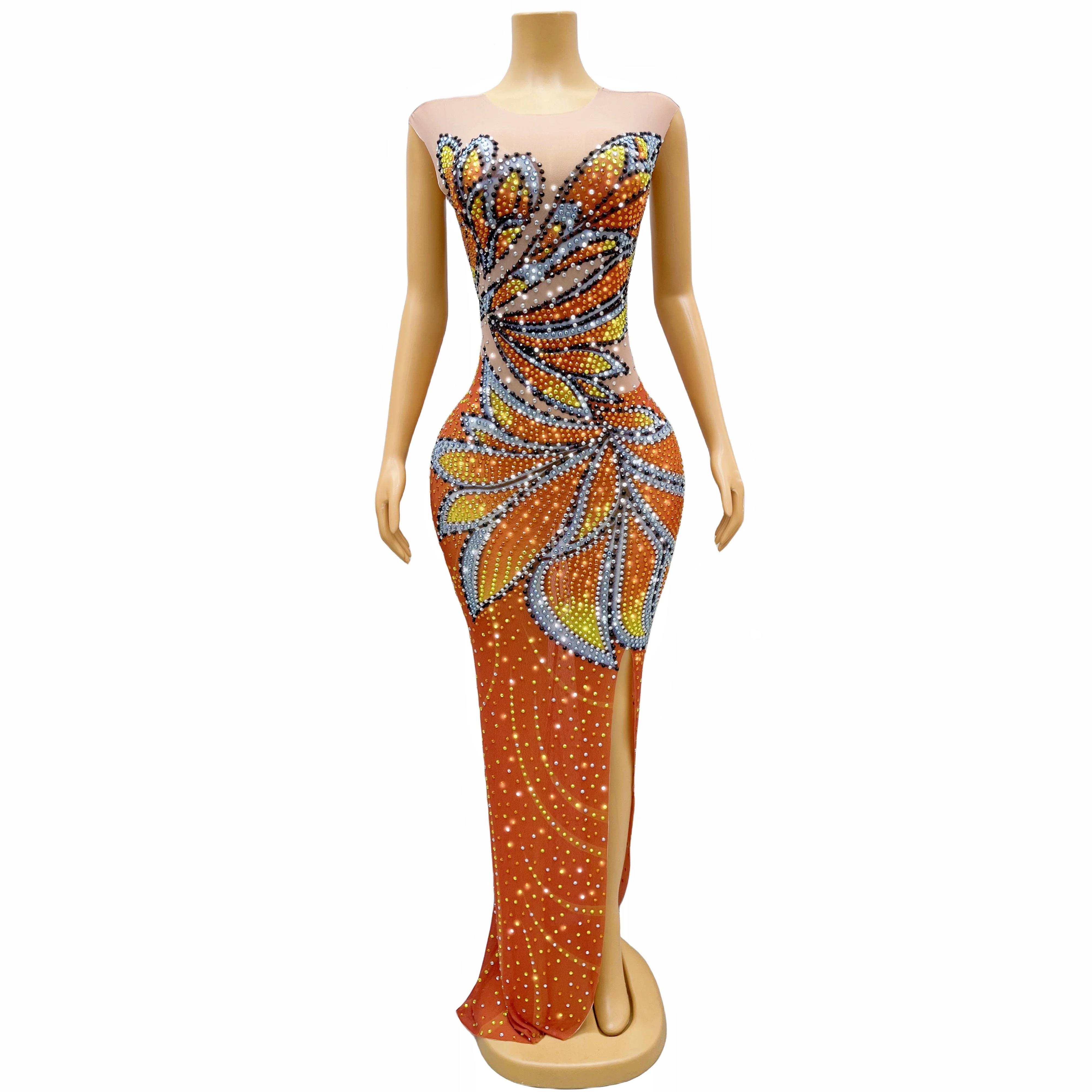 

Orange Colorful Rhinestones Sleeveless Dress Sexy Transparent Stretch Outfit Nightclub Birthday Dance Party Collections fengdie