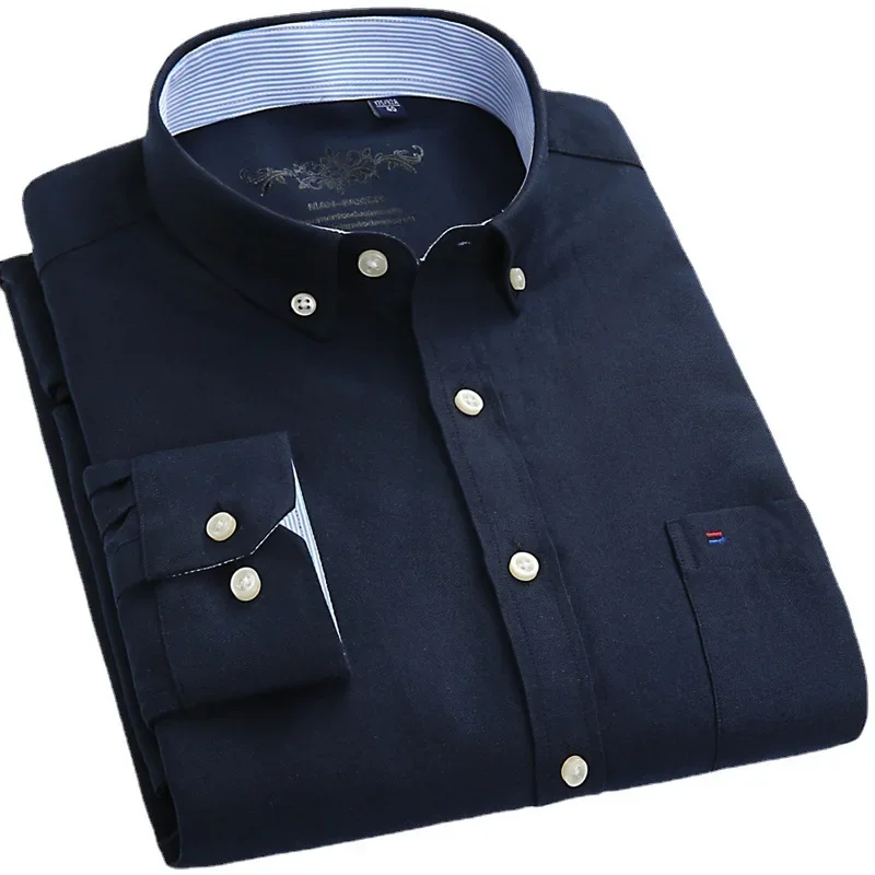 Men's long sleeved Oxford plaid striped casual shirt with front chest pocket, regular fit, button style thick neck work shirt